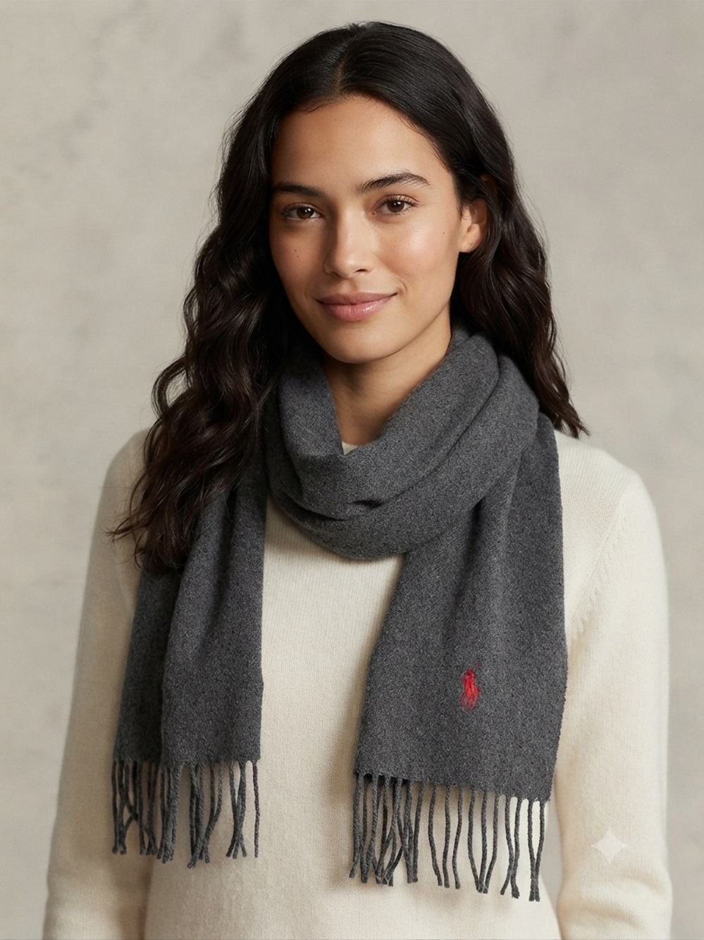 Polo Ralph Lauren Grey Cashmere Logo Fringe Scarf